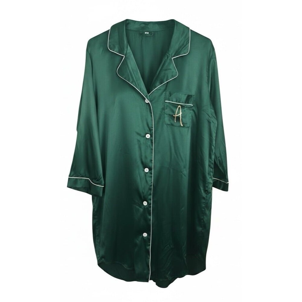 Luxe Emerald Green Satin Button-Down Nightshirt – Long Sleeve – Monogrammed "A"